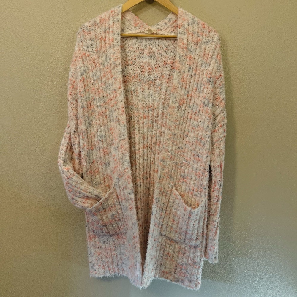 Hem & Thread Long Textured Cardigan Fuzzy Cream Coral Peach Pastel Spring Size M